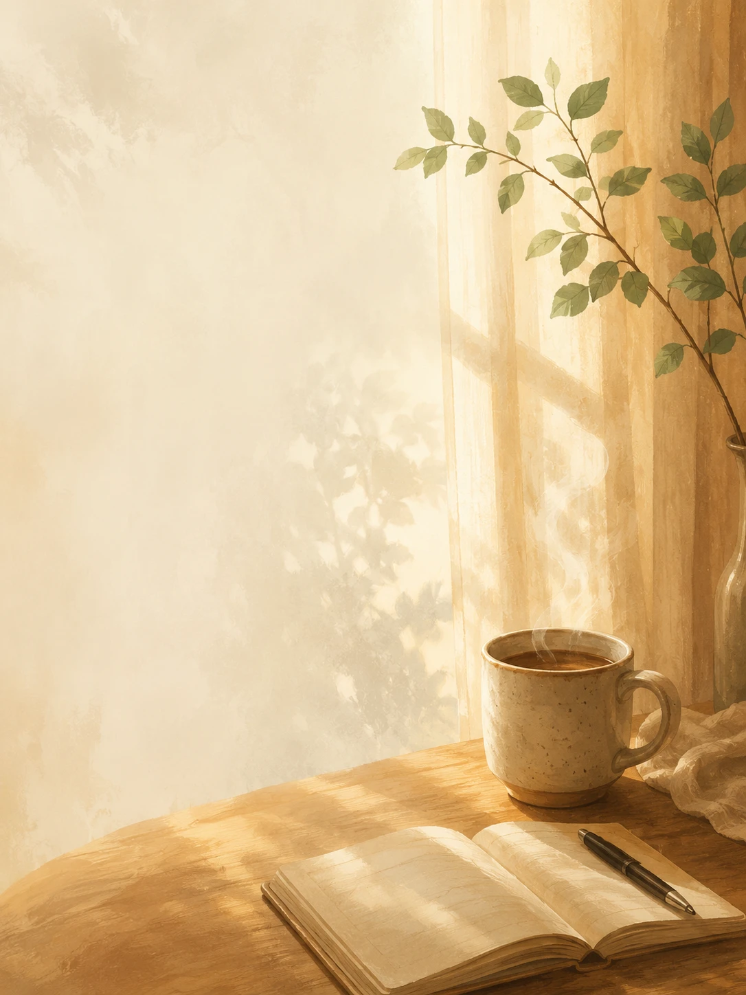 Sunlight across a quiet table with a warm drink and an open notebook